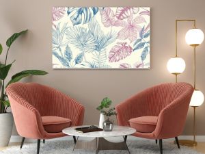 A repeating pattern of detailed botanical line drawings of exotic plants from old-world explorations, colored in subdued tropical hues.