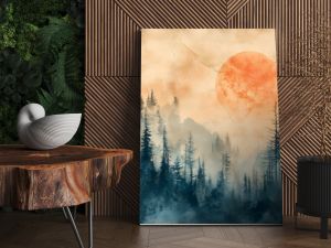 Forest landscape on retro paper texture, nature background