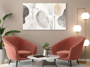 Abstract artwork featuring soft shapes and muted colors with delicate plants in a minimalistic style, creating a calming atmosphere, background