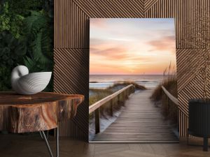 Empty wooden walkway on the ocean coast in the sunset time, pathway to beach, Generative AI illustration