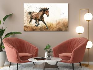 Watercolor Illustration of a Horse in Full Gallop. Serene and Dynamic Scene in Natural Hues.