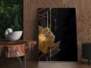 An elegant and luxurious illustration featuring a background with gold flowers made of thin golden lines on a dark background, creating a delicate floral texture. This illustration exudes opulence and