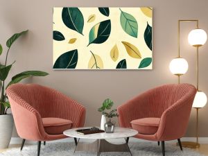 Seamless pattern of green and yellow leaves on a beige background