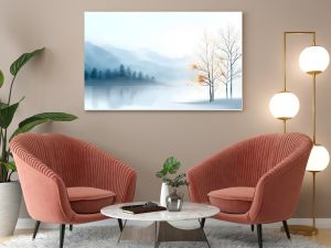 Enchanting watercolor painting depicting a serene natural landscape with delicate trees and a flowing river blending soft muted hues for a tranquil