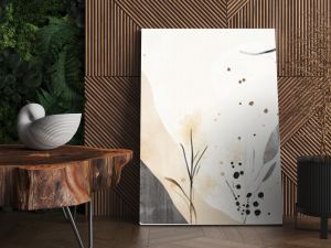 Abstract botanical design features delicate plants and organic shapes in muted colors on a textured background