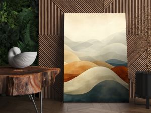 Abstract watercolor landscape of rolling hills in muted earth tones.