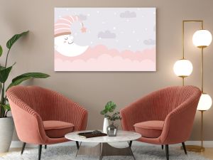 Seamless clouds, stars, and crescent background in pale pastel colors. For nursery room wallpaper, decoration, web banners, headers, etc.