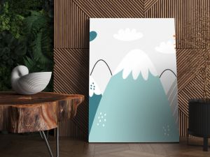 Vector children hand drawn color mountain illustration in scandinavian style. Mountain landscape, clouds and cute sun. Kids wallpaper. Mountainscape, baby room design, wall decor.