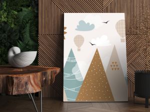 Vector hand drawn modern design of kids mountains. Mountains in doodle style. For children's wallpapers. Mountains, clouds, air balloon, sun and birds.