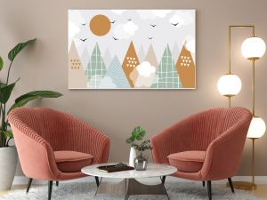 Vector. Hand drawn modern mountains in doodle style. Sun, birds, clouds and mountains. Children's landscape, wallpaper design, children's wall. 