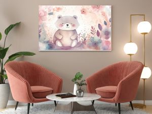 watercolor style illustration of happy baby bear in flower blossom garden, idea for home wall decor, kid room, Generative Ai