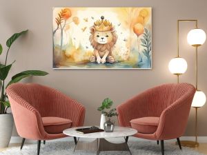 watercolor style illustration of happy lion cub in flower blossom garden, idea for home wall decor, kid room, Generative Ai