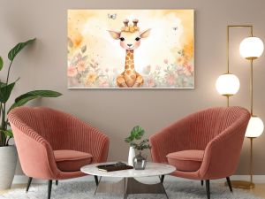 watercolor style illustration of happy baby giraffe in flower blossom garden, idea for home wall decor, kid room, Generative Ai