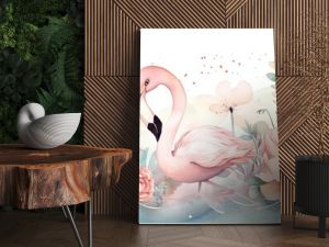 watercolor style illustration of happy flamingo in flower blossom garden, idea for home wall decor, kid room, Generative Ai