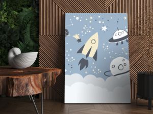 Children graphic illustration for nursery, wall, book cover, textile, cards. Interior design for kids room. Vector illustration with space theme