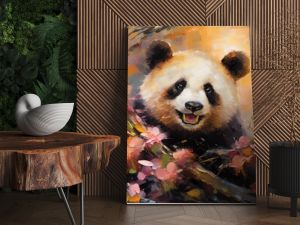 art illustration of cute panda bear in flower blossom atmosphere, Generative Ai