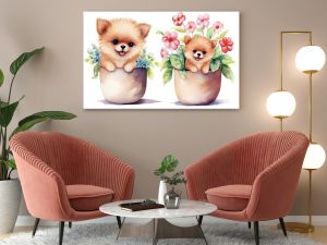 watercolor style illustration of happy baby pomeranian dog puppy  in flower plant pot blossom garden, idea for home wall decor, kid room, Generative Ai