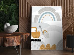 Vector children hand drawn cute construction cars, mountain landscape, balloons and clouds. Boho trendy design. Scandinavian. Illustration. Kids wallpaper design. Baby room design, wall decor, mural.