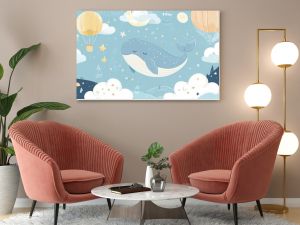 A vector illustration in  style featuring a hand-drawn, colorful, cute whale in the sky with air balloons, clouds, and the moon. Perfect for kids' wallpaper, baby room design