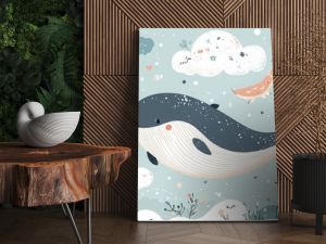 A vector illustration in  style featuring a hand-drawn, colorful, cute whale in the sky with air balloons, clouds, and the moon. Perfect for kids' wallpaper, baby room design