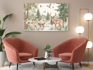 91. Whimsical children's wallpaper featuring hand-drawn animals in a magical forest setting, perfect for a cozy and imaginative children's room