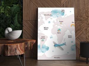 World map for kids with cute cartoon planes, clouds and rainbows. Children's map design for wallpaper, kid's room, wall art. America, Europa, Asia, Africa, Australia, Arctica. Watercolor illustration.