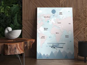 World map for kids with cute cartoon planes and air balloons. Children's map design for wallpaper, kid's room, wall art. America, Europa, Asia, Africa, Australia, Arctica. illustration.