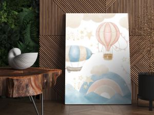 Wallpaper with Hot Air Balloons. Seamless wall paper for baby room. Pattern with clouds, rainbow and mountains for childish design. Blue and beige pastel colors