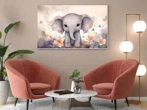 watercolor style illustration of happy baby elephant in flower blossom garden, idea for home wall decor, kid room, Generative Ai