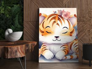 watercolor style illustration of happy tiger cub in flower blossom garden, idea for home wall decor, kid room, Generative Ai