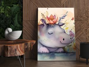 watercolor style illustration of happy hippo in flower blossom garden, idea for home wall decor, kid room, Generative Ai