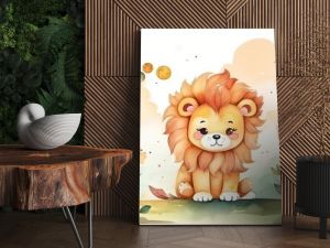 watercolor style illustration of happy lion cub in flower blossom garden, idea for home wall decor, kid room, Generative Ai