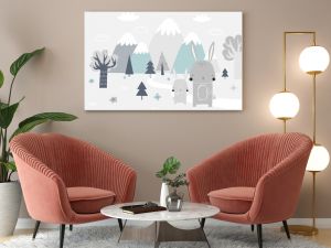 Vector children hand drawn mountain and cute bunny illustration in scandinavian style. Mountain landscape, clouds. Children's forest wallpaper. Mountainscape, children's room design, wall decor.