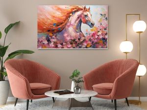 art illustration of cute horse in flower blossom atmosphere, Generative Ai