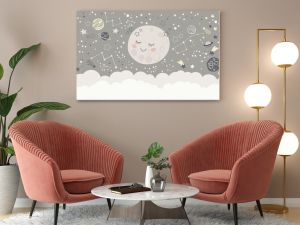 Children graphic illustration for nursery, wall, book cover, textile, cards. Interior design for kids room. Vector illustration with space theme and cute moon 