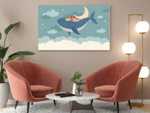 Children graphic illustration for nursery wall. Wallpaper design for kids room interior. Vector illustration with fantasy magic city on the back of whale flying in the sky