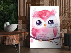  watercolor style illustration of happy baby owl in autumn forest garden, idea for home wall decor, kid room, Generative Ai