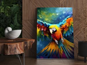 oil painting style illustration, macaw bird flying in tropical jungle ,cute and adorable wildlife, idea for wall art decor and background wallpaper, Generative Ai