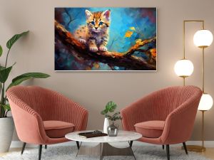  oil painting style illustration, cute leopard pub on tree cute and adorable wildlife, idea for wall art decor and background wallpaper, Generative Ai