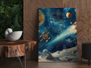 Cute space-themed illustrations for kids' rooms, books, fabrics, and greeting cards. Great for decorating nursery walls and creating a fun and imaginative space.