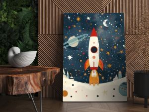 Space-themed wall decor for children's rooms featuring a cartoon rocket, planets, and vibrant mural artwork. AI technology used in the design process.