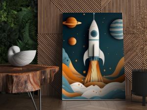 Dreamy space journey illustration with a friendly rocket, ideal for creative wallpapers and educational materials