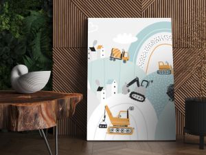 Vector children hand drawn cute construction cars, mountain landscape, houses. City. Boho trendy design. Scandinavian. Illustration. Kids wallpaper design. Baby room design, wall decor, mural.