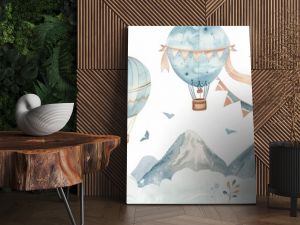 A seamless watercolor pattern for children with hot air balloons and clouds. It is illustrated in pastel blue and pink colors. The perfect background for a boy's or girl's room.