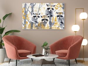 Whimsical Gouache Racoon Wallpaper: Delicate white and gold tones in an artful sketched aesthetic.