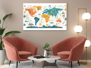 Colorful Illustrated World Map with Landmarks, Animals, and Cultural Icons