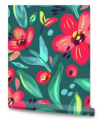 Seamless pattern with red flowers and green leaves.