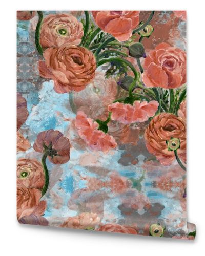 Seamless pattern - flowers on a background of oil painting. Abstract wallpaper with floral motifs. Wallpaper. Use printed materials, signs, posters, postcards, packaging.  