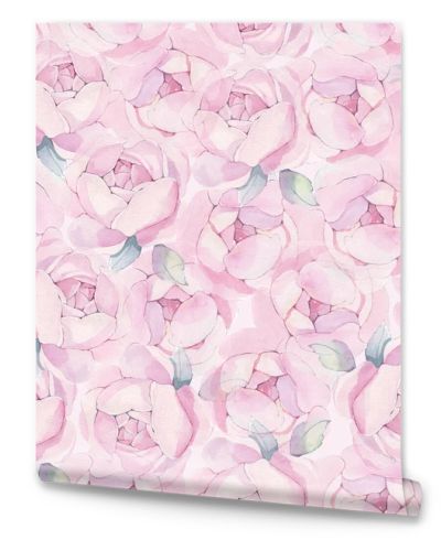 Watercolor pink realism peonies bloom with mint leaves seamless pattern. Botanical hand drawn floral illustration. Textile background. For linens, linen, wrapping paper, wallpaper, card, invitation.