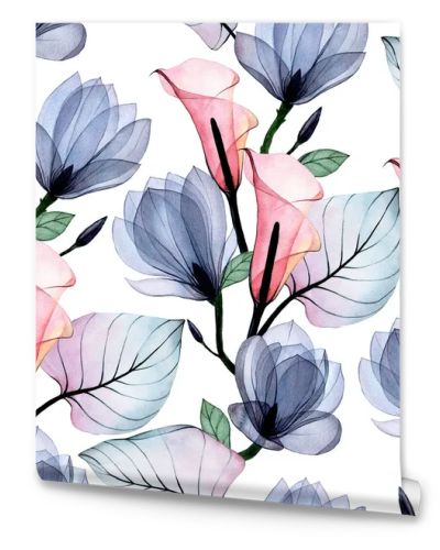 watercolor seamless pattern with transparent tropical flowers and leaves of kala and magnolia. a delicate, delicate print in pastel dusty pinks and blues or a white background.